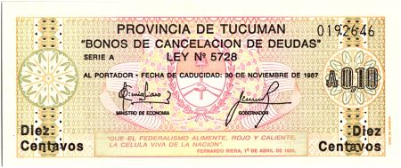 Argentine 10 Centavos , Province de Tucuman - 1985