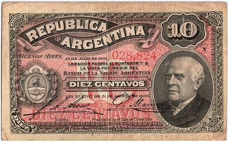 Argentine 10 Centavos, Domingo Sarmiento - 1895 - TB+ - P.228