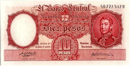 Argentine 10 Pesos, José de San Martin - 19(54-63)