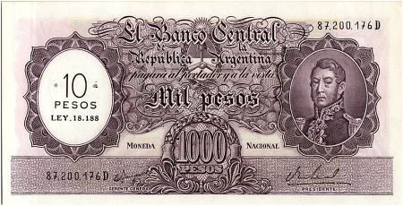 Argentine 10 Pesos sur 1000 Pesos, José de San Martin - 1969