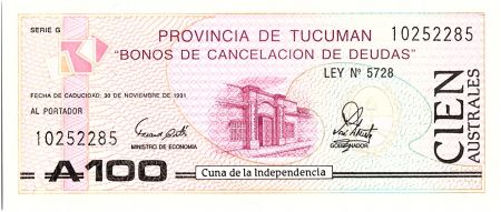 Argentine 100 Australes , Province de Tucuman - 1991