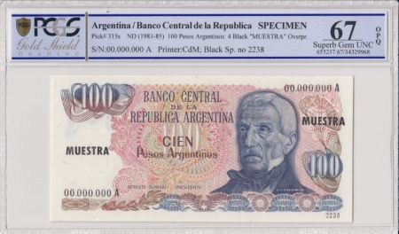 Argentine 100 Pesos Argentinos , G San Martin  - 1983 - Spécimen - PCGS 67 OPQ