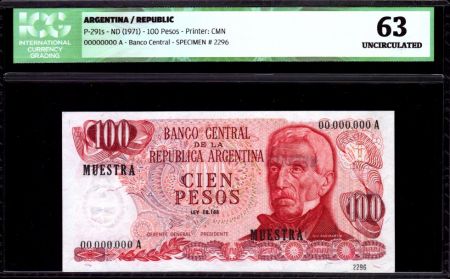 Argentine 100 Pesos J. San Martin - Spécimen - 1972 - ICG UNC63 -P.291s