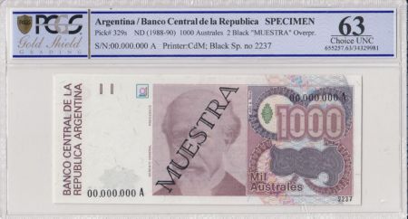 Argentine 1000 Australes , J A Roca  - 1988 - Spécimen - PCGS 65 OPQ