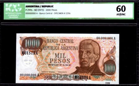 Argentine 1000 Pesos J. San Martin - Place de Mai - 1973 - ICG AU/UNC60