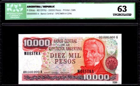 Argentine 10000 Pesos J. San Martin - Specimen - 1976 - ICG UNC63 - P.306as