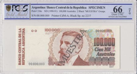 Argentine 100000 Australes , J Evaristo Uriburu  - 1990 - Spécimen - PCGS 66 OPQ