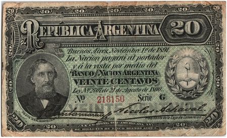 Argentine 20 Centavos, Bartolomé Mitré - 1891 - TB - P.211 b