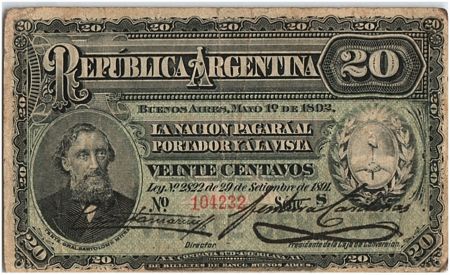 Argentine 20 Centavos, Bartolomé Mitré - 1892 - TB - P.215