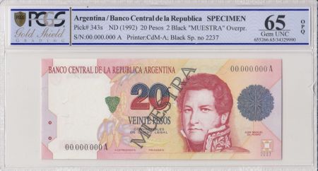 Argentine 20 Pesos Jean Manuel de Rosas - 1992 - Spécimen - PCGS 65 OPQ