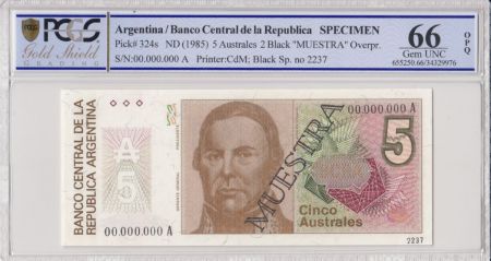 Argentine 5  Australes , J de Urquiza  - 1985 - Spécimen - PCGS 66 OPQ