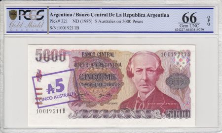 Argentine 5 Australes sur 5000 Pesos Argentinos, M. Bautista Alberti  - 1985 - PCGS 66OPQ