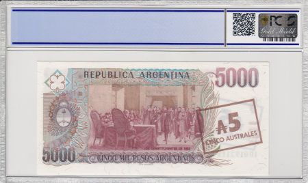 Argentine 5 Australes sur 5000 Pesos Argentinos, M. Bautista Alberti  - 1985 - PCGS 66OPQ