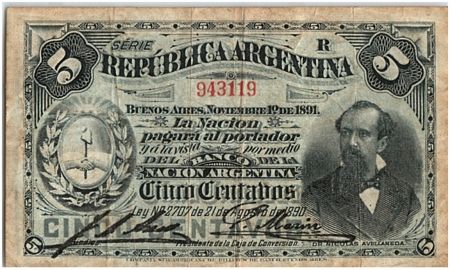 Argentine 5 Centavos, Nicolas Avellaneda - 1891 - TB+ - P.209 Série R