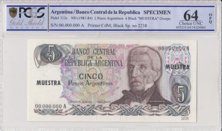 Argentine 5 Pesos , G San Martin  - 1983 - Spécimen - PCGS 64 OPQ  - P.312s