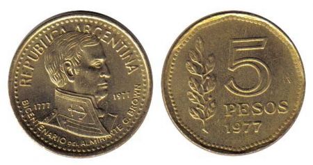 Argentine 5 Pesos Amiral G. Brown - 1977