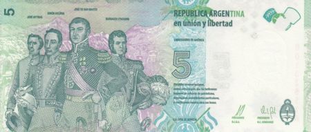 Argentine 5 Pesos J. San Martin - Bolivar, Mendoza, Artigas - Série A 2015