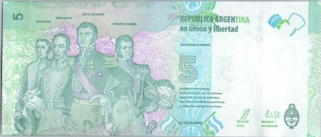 Argentine 5 Pesos J. San Martin - Bolivar, Mendoza, Artigas - Série B  - 2016 - Neuf - P.359
