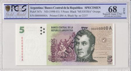 Argentine 5 Pesos José de San Martin - 1998 - Spécimen - PCGS 68 OPQ