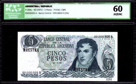 Argentine 5 Pesos M. Belgrano - Specimen - 1971 - ICG AU/UNC60 - P.288s