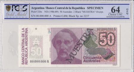 Argentine 50 Australes , B Mitre  - 1986 - Spécimen - PCGS 64 OPQ