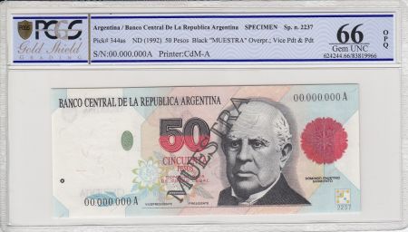 Argentine 50 pesos, M. Faustino Sarmiento  - 1992 - Spécimen - PCGS 66OPQ