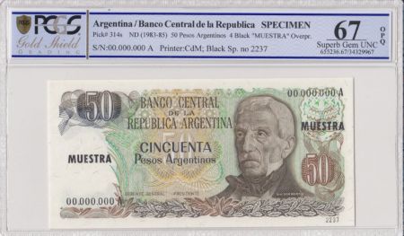 Argentine 50 Pesos Argentinos , G San Martin  - 1983 - Spécimen - PCGS 67 OPQ