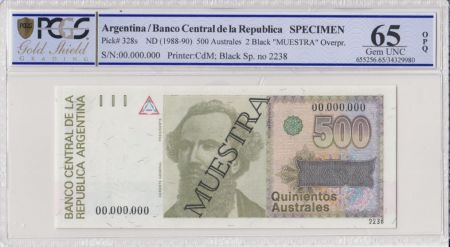 Argentine 500 Australes , N Avellaneda  - 1988 - Spécimen - PCGS 65 OPQ