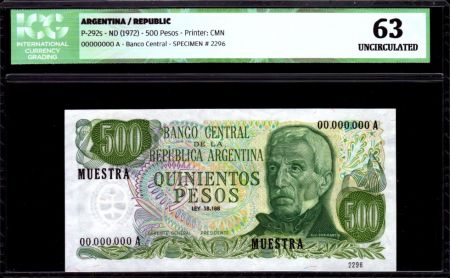 Argentine 500 Pesos J. San Martin - Spécimen- 1972 - ICG UNC63 - P.292s