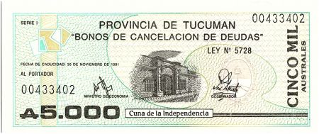 Argentine 5000 Australes , Province de Tucuman - 1991