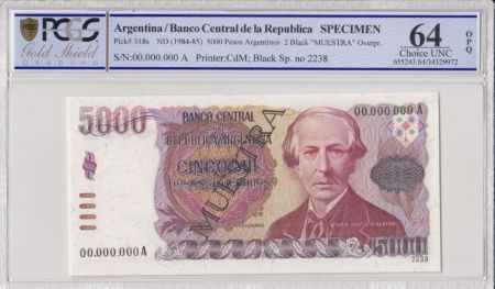 Argentine 5000 Pesos , J B Alberdi  - 1984 - Spécimen - PCGS 64 OPQ - P..318s