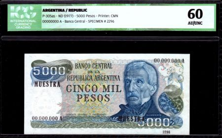 Argentine 5000 Pesos J. San Martin - Specimen - 1977 - ICG AU/UNC60 - P.305as