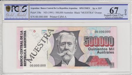 Argentine 500000 Australes, M. Manuel Quitana  - 1991 - Spécimen - PCGS 67OPQ