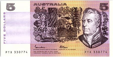 Australie 5 Dollars - Sir Joshef Bank, Caroline Chisholm - 1985