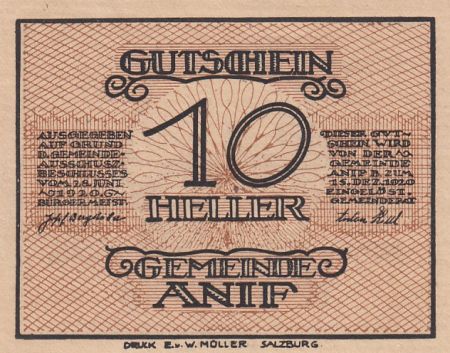 Autriche 10 Heller - Anif - 1920