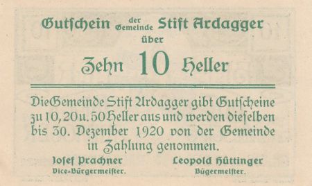 Autriche 10 Heller - Ardagg - 1920