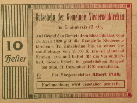 Autriche 10 Heller, Niederneukirchen - notgeld 1920 - P.NEUF