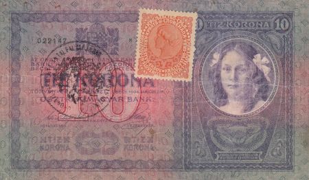 Autriche 10 Kronen 1904 -  Surcharge tampon noire et timbre