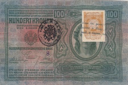 Autriche 100 Kronen 1912 -  Surcharge tampon noir et timbre postal