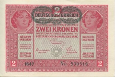 Autriche 2 Kronen 1917 -  Têtes de femmes - Surcharge verte