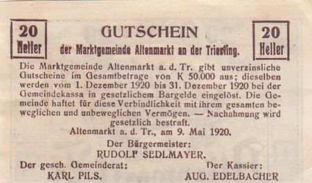 Autriche 20 Heller - Altenmarkt Triesting - 1920