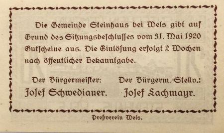 Autriche 20 Heller, Steinhaus - notgeld 1920 - SPL