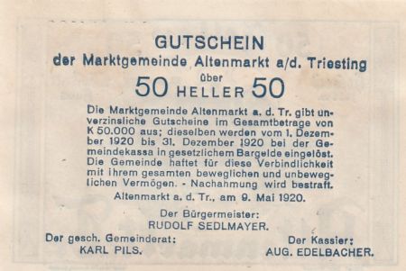 Autriche 50 Heller - Altenmarkt Triesting - 1920