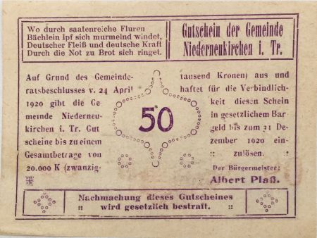 Autriche 50 Heller, Niederneukirchen - notgeld 1920 - P.NEUF