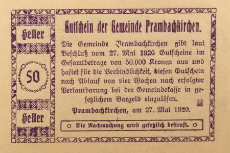 Autriche 50 Heller, Prambachkirchen - notgeld 1920 - SPL