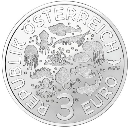Autriche Pieuvre aux anneaux bleus - 3 Euros Autriche 2022 (Nouvelle collection - Vie sous-marine)