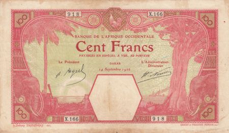 B A O 100 Francs Dakar  Eléphants - 24-09-1926 - P.11Bb - pTTB - Série X.166