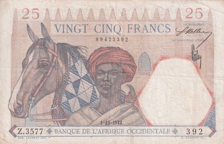 B A O 25 Francs - Homme et cheval, Lion - Chiffres rouges - 01-10-1942 - Série Z.3577 - P.27