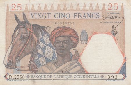B A O 25 Francs 1942 - Homme et cheval, Lion - Chiffres rouges