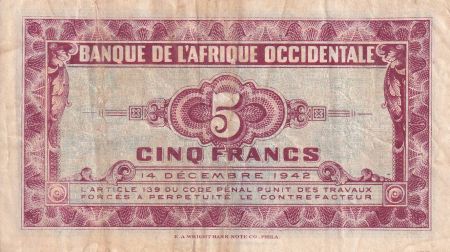 B A O 5 Francs - Africaine - 1942 - TB+ - Série AD - P.28b